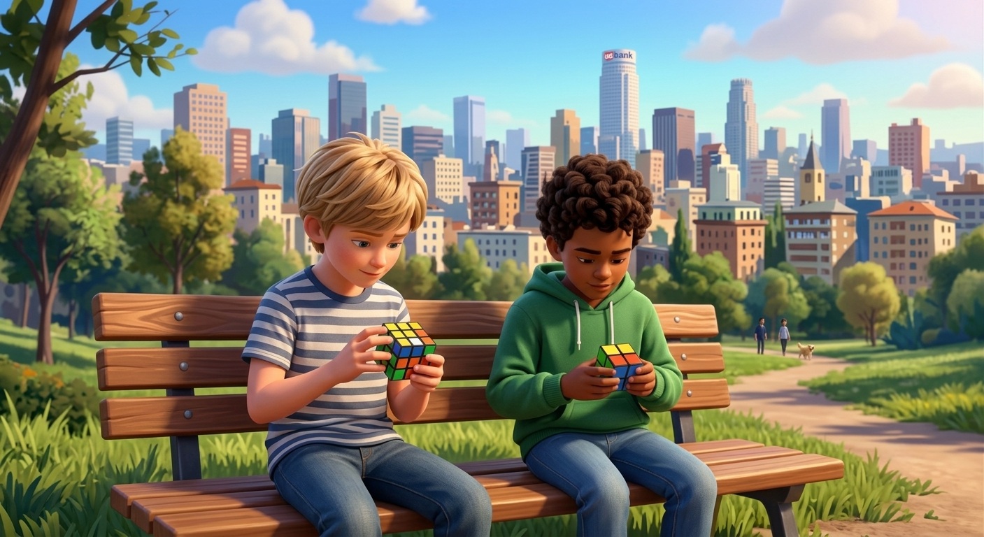 Two kids each solving their own Rubik's Cube on a park bench, with a city skyline in the background