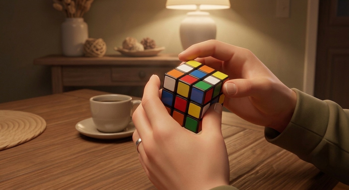 Hands holding a half-solved Rubik's Cube at a cozy table with a cup of coffee
