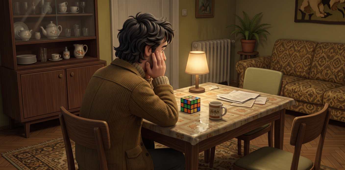 Illustration of a man sitting at a seventies dining table, a Rubik's Cube and some papers in front of him