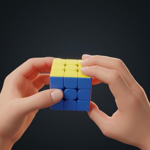 Hands holding the Rubik's Cube from another angle