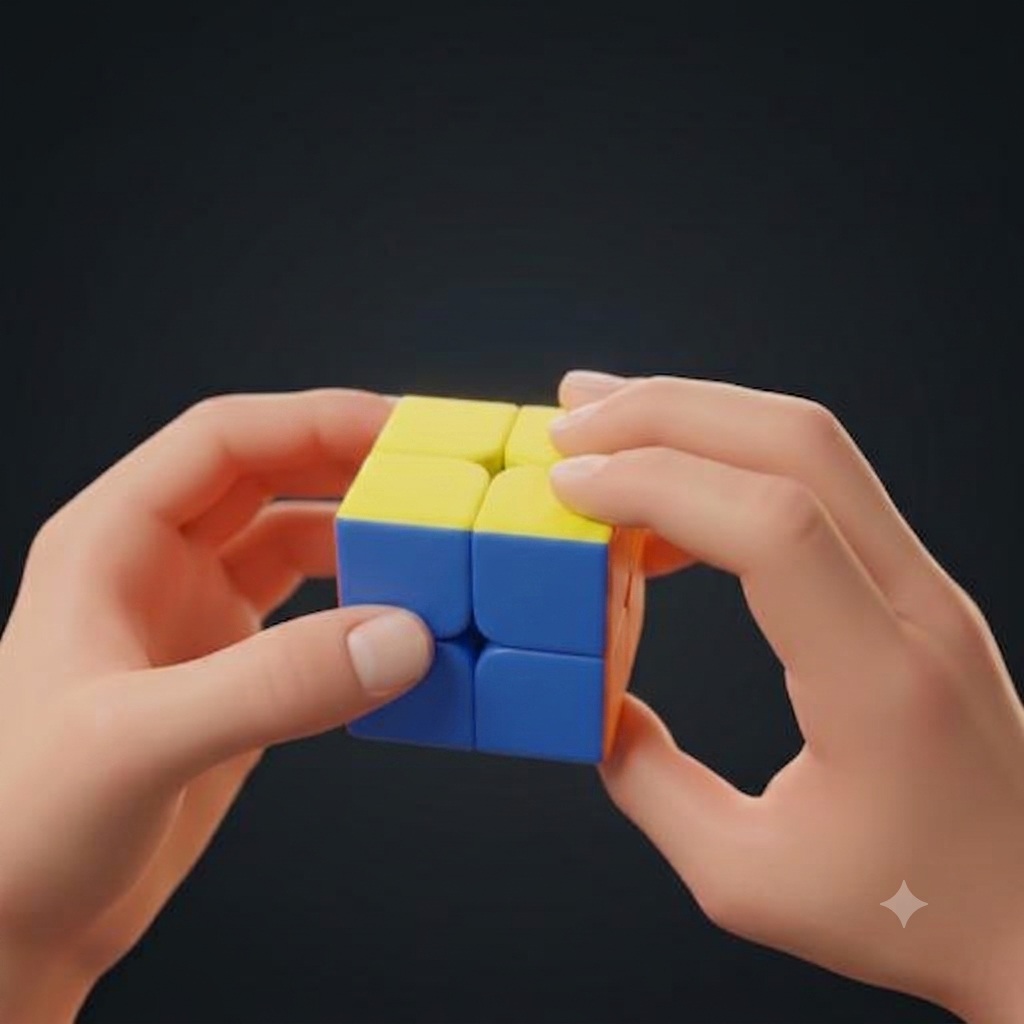 Hands holding a 2×2 cube with both hands