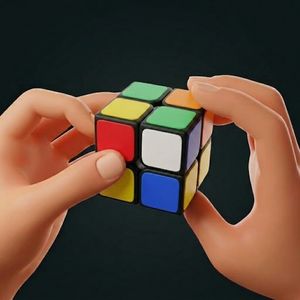 Hands holding a 2×2 cube