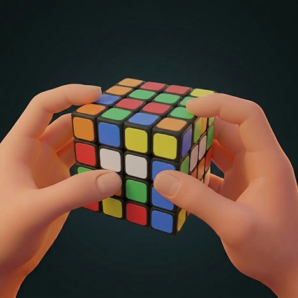 Hands turning a 4×4 cube
