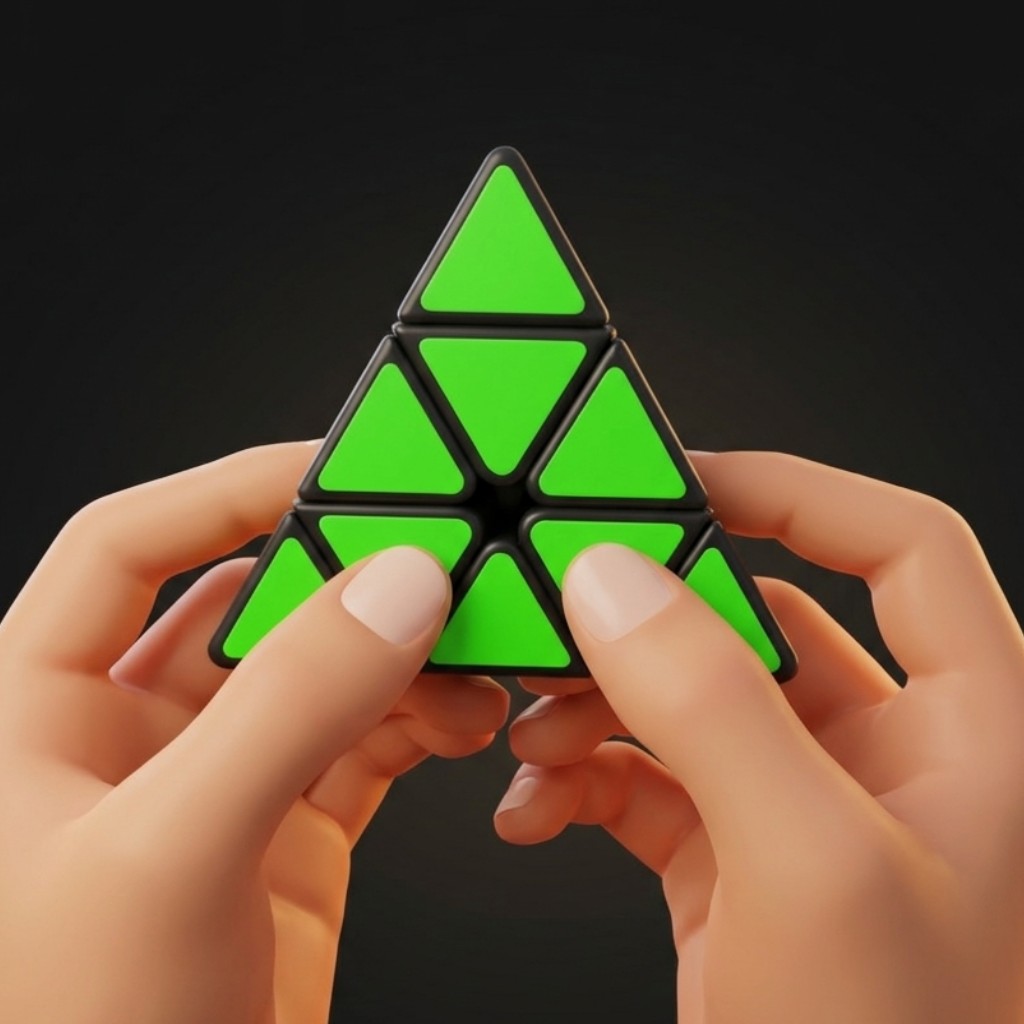 Both hands holding a solved green Pyraminx by its two bottom vertices, thumbs resting on the front face