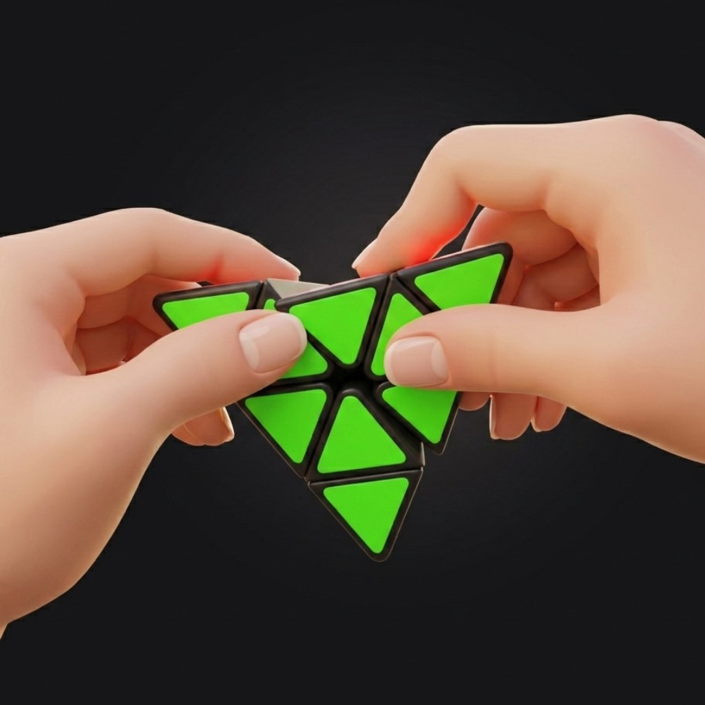 The same Pyraminx seen from above, thumbs and index fingers on the top vertex, ready to turn it