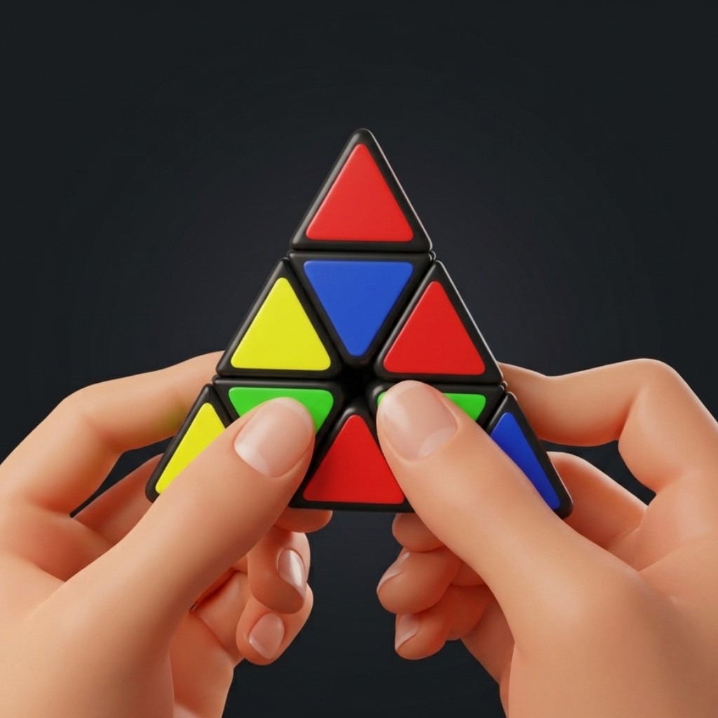 Both hands holding a scrambled Pyraminx by its two bottom vertices, thumbs on the front face