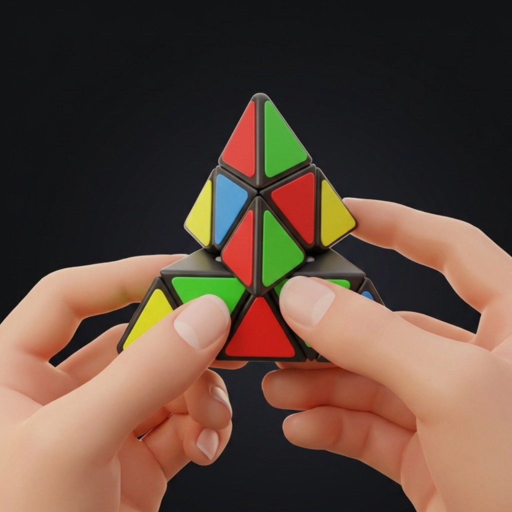 The same Pyraminx half solved, with the top layer turned relative to the bottom one